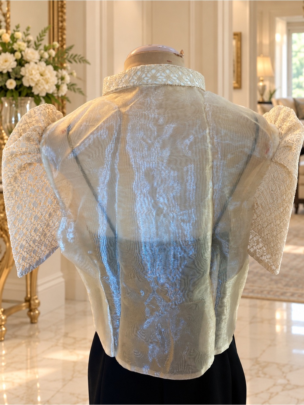 Elegant Filipiniana Lace Bolero – Ivory Cream Embroidered Puff Sleeve Jacket - Picture 3 of 6